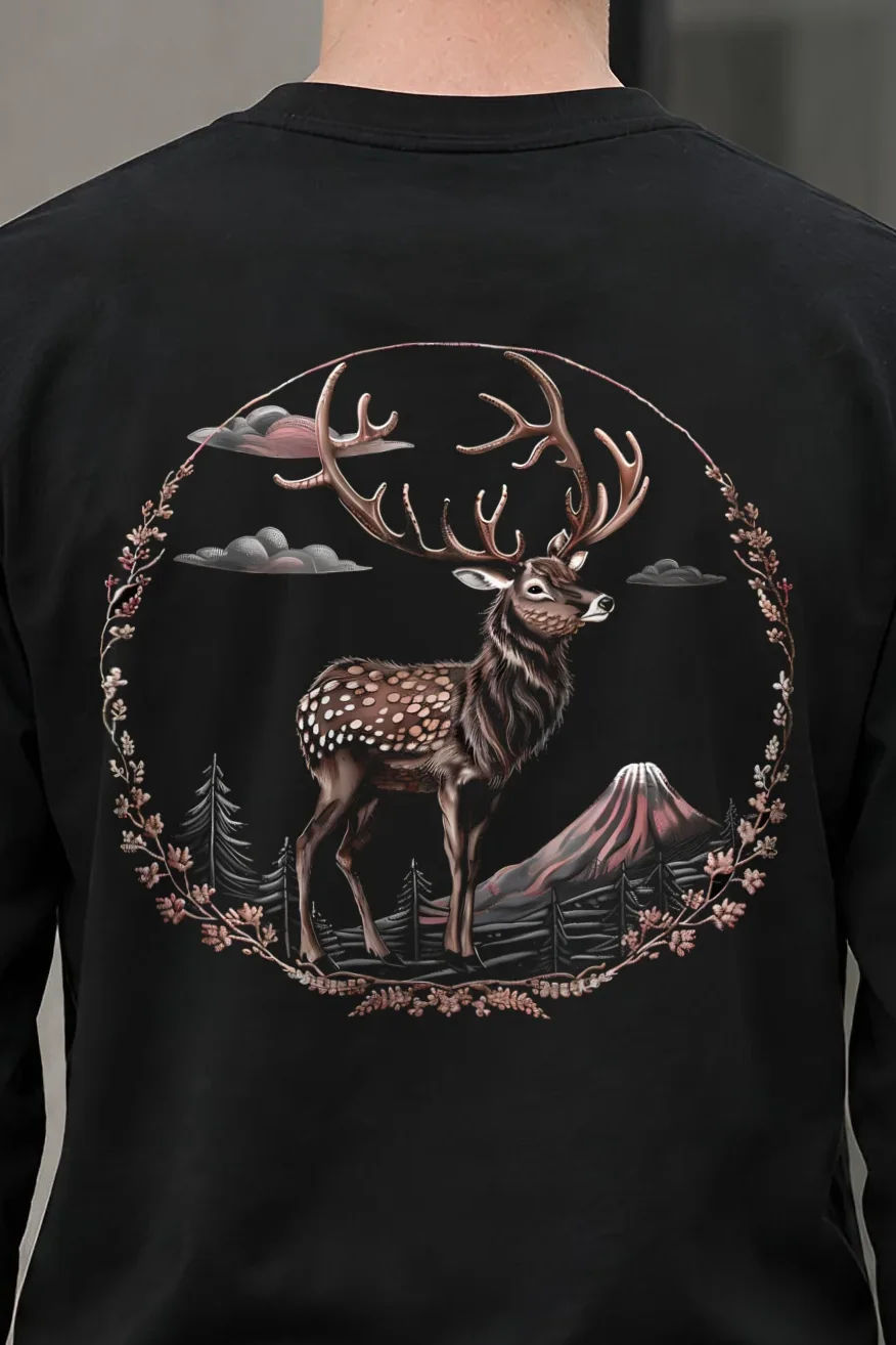 "Antlered Mountain Deer" Unisex Longsleeve T-shirt - the graphic up close