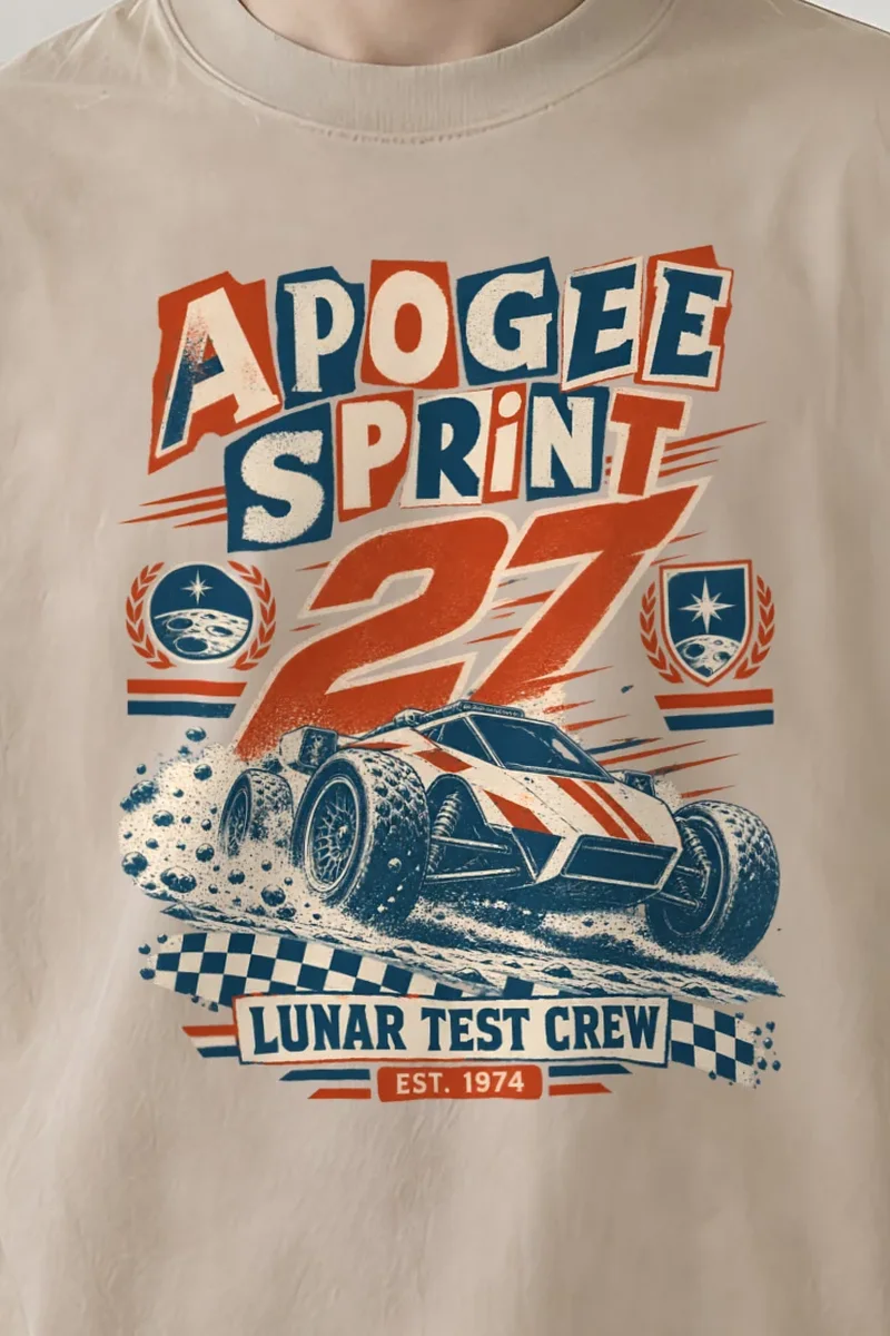 "Apogee Sprint 27" Men’s Oversized Heavyweight Crewneck T-Shirt - the graphic up close