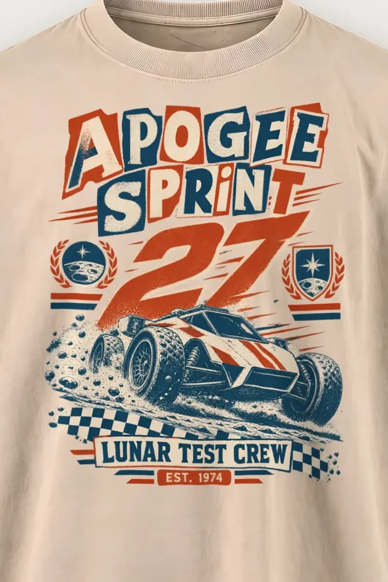 "Apogee Sprint 27" Men’s Oversized Heavyweight Crewneck T-Shirt - the graphic up close