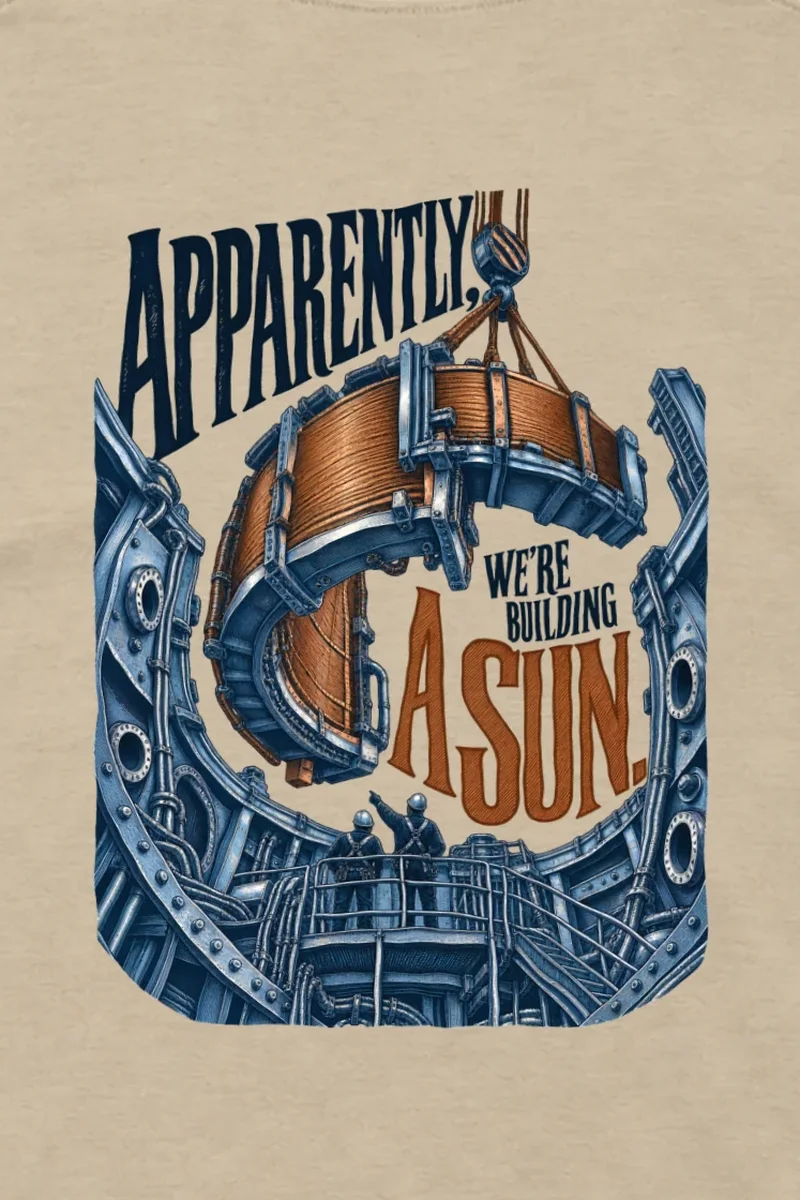 "Apparently, We’re Building a Sun" Unisex Longsleeve T-shirt - the graphic up close