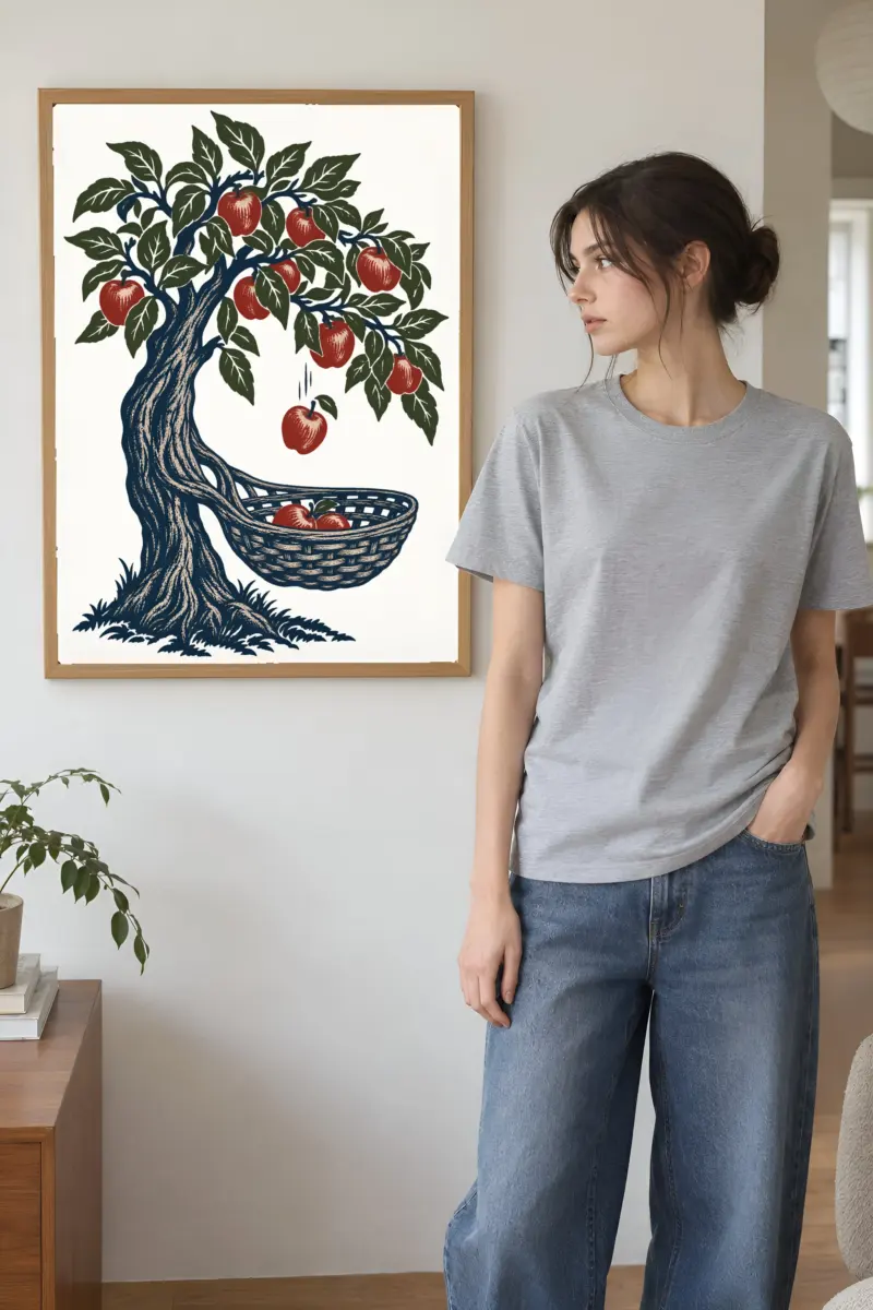 "Apple Tree Basket Woodcut" Premium Wooden Framed Poster