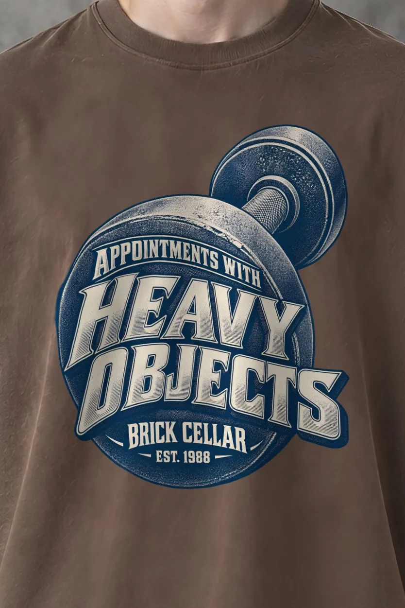 "Appointments With Heavy Objects" Men’s Oversized Heavyweight Crewneck T-Shirt - the graphic up close