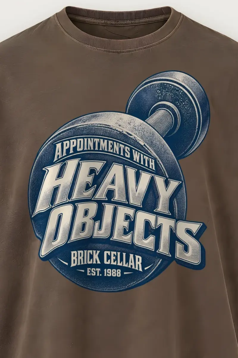 "Appointments With Heavy Objects" Men’s Oversized Heavyweight Crewneck T-Shirt - the graphic up close