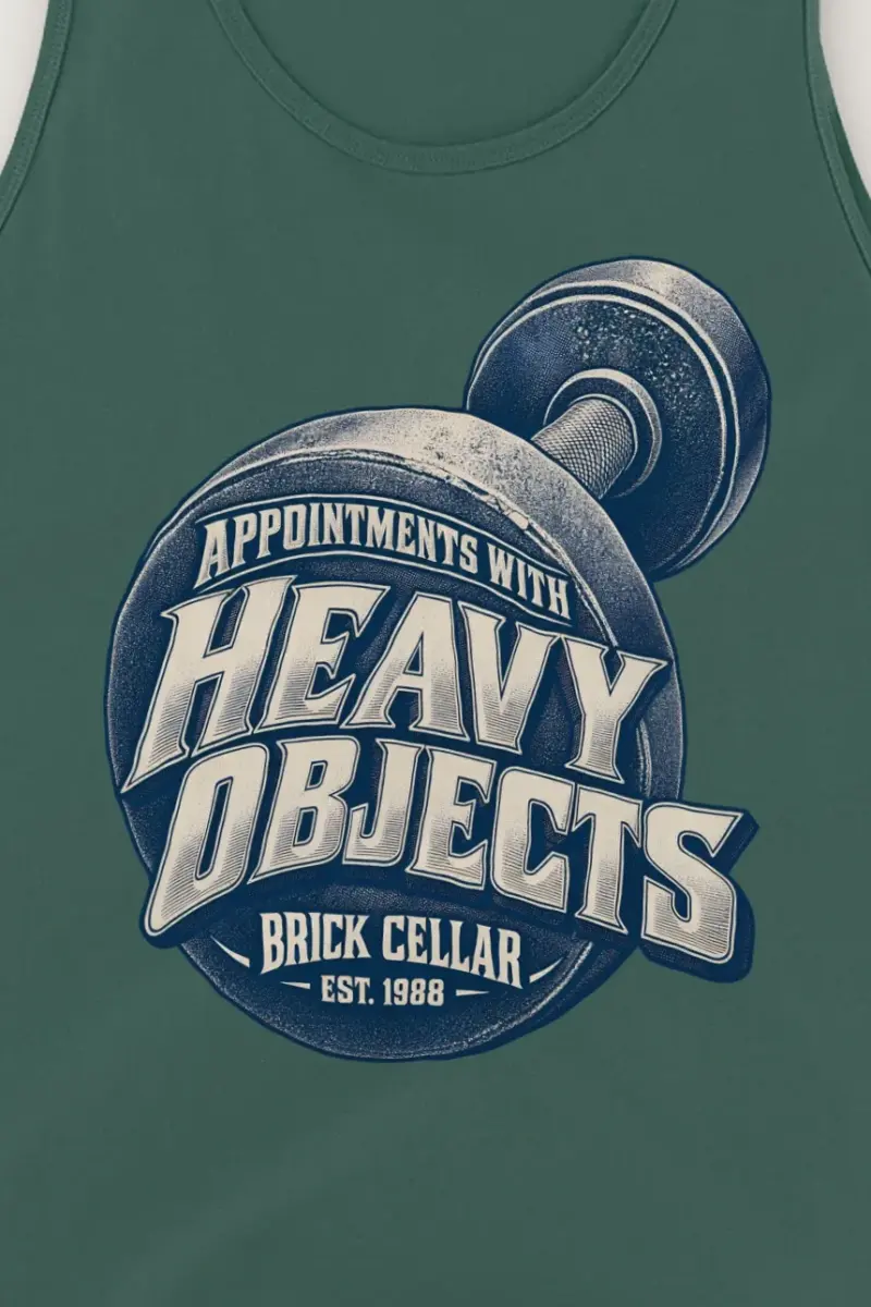 "Appointments With Heavy Objects" Unisex Jersey Tank - the graphic up close