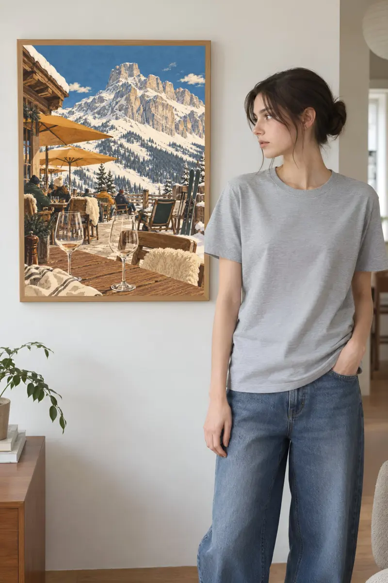 “Après-Ski Mountain Terrace” Premium Wooden Framed Poster