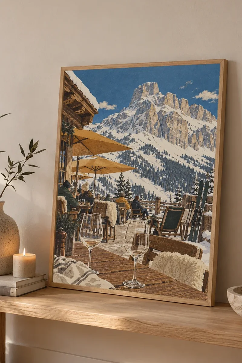 "Après-Ski Mountain Terrace" Premium Wooden Framed Poster - the graphic up close