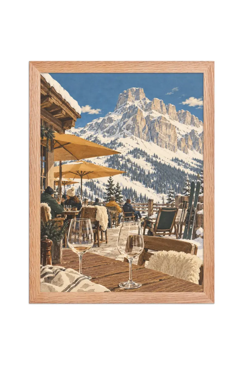 “Après-Ski Mountain Terrace” Premium Wooden Framed Poster