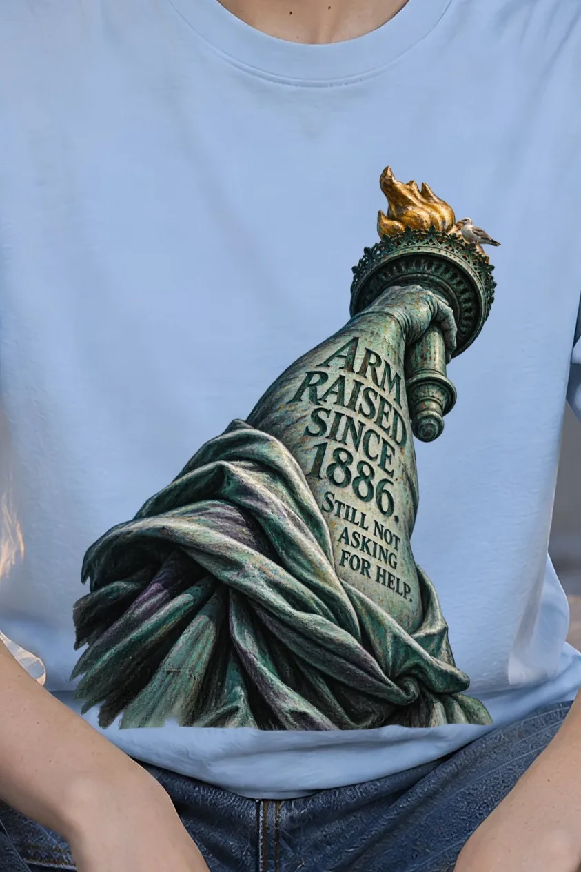 "Arm Raised Since 1886" Heavyweight Unisex Crewneck T-shirt - the graphic up close