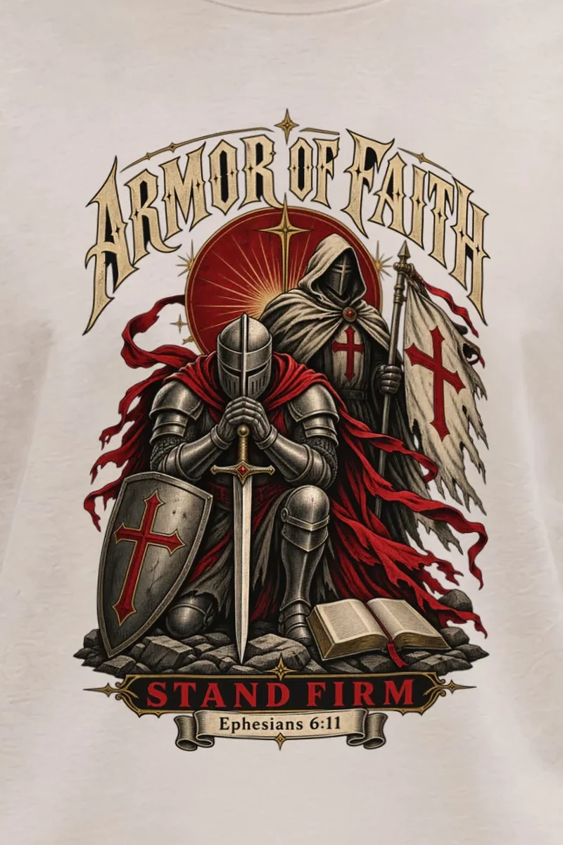 "Armor Of Faith" Heavyweight Unisex Crewneck T-shirt - the graphic up close