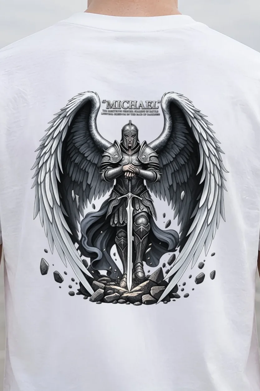 "Armored Archangel Michael" Heavyweight Unisex Crewneck T-shirt - the graphic up close