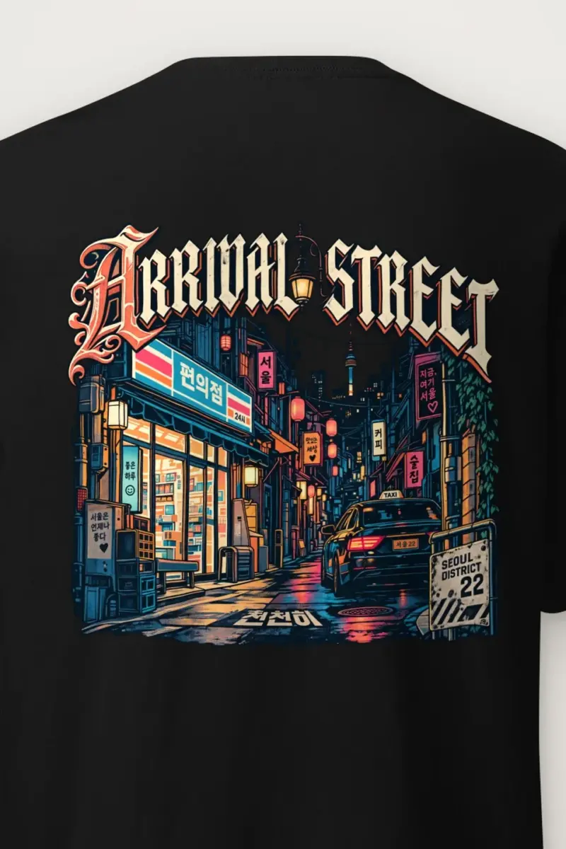 "Arrival Street" Heavyweight Unisex Crewneck T-shirt - the graphic up close
