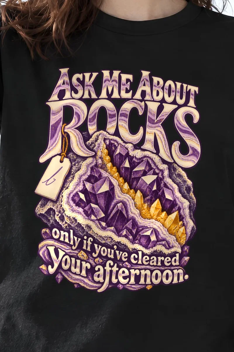 "Ask Me About Rocks" Heavyweight Unisex Crewneck T-shirt - the graphic up close