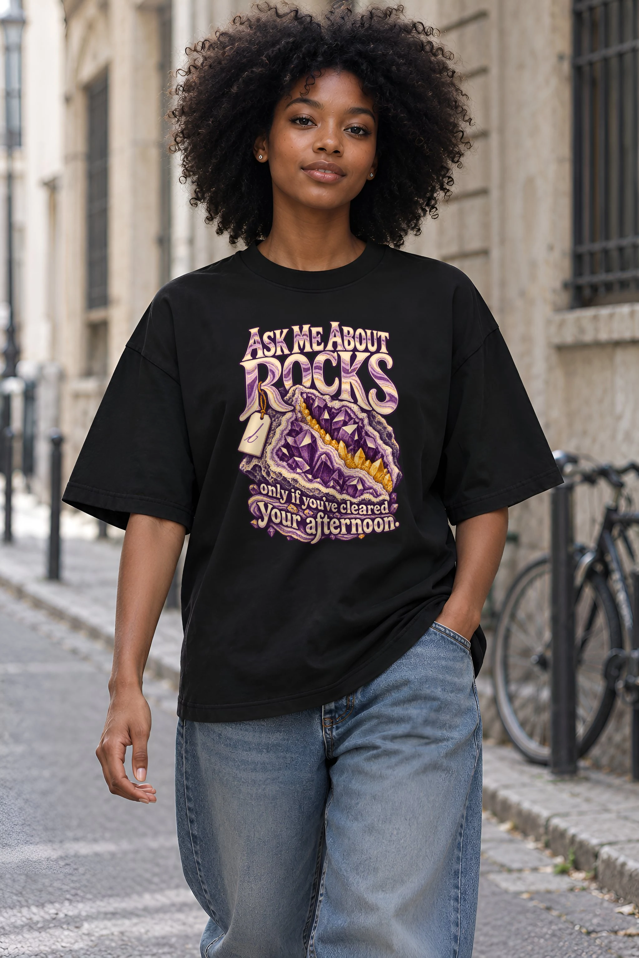 "Ask Me About Rocks" Unisex Oversized Heavyweight Crewneck T-Shirt