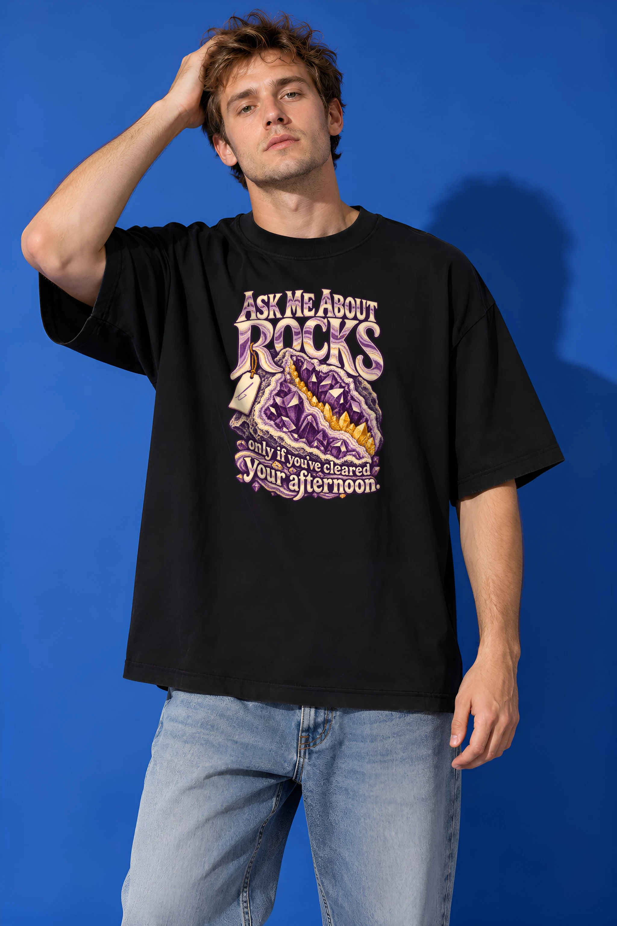 "Ask Me About Rocks" Unisex Oversized Heavyweight Crewneck T-Shirt