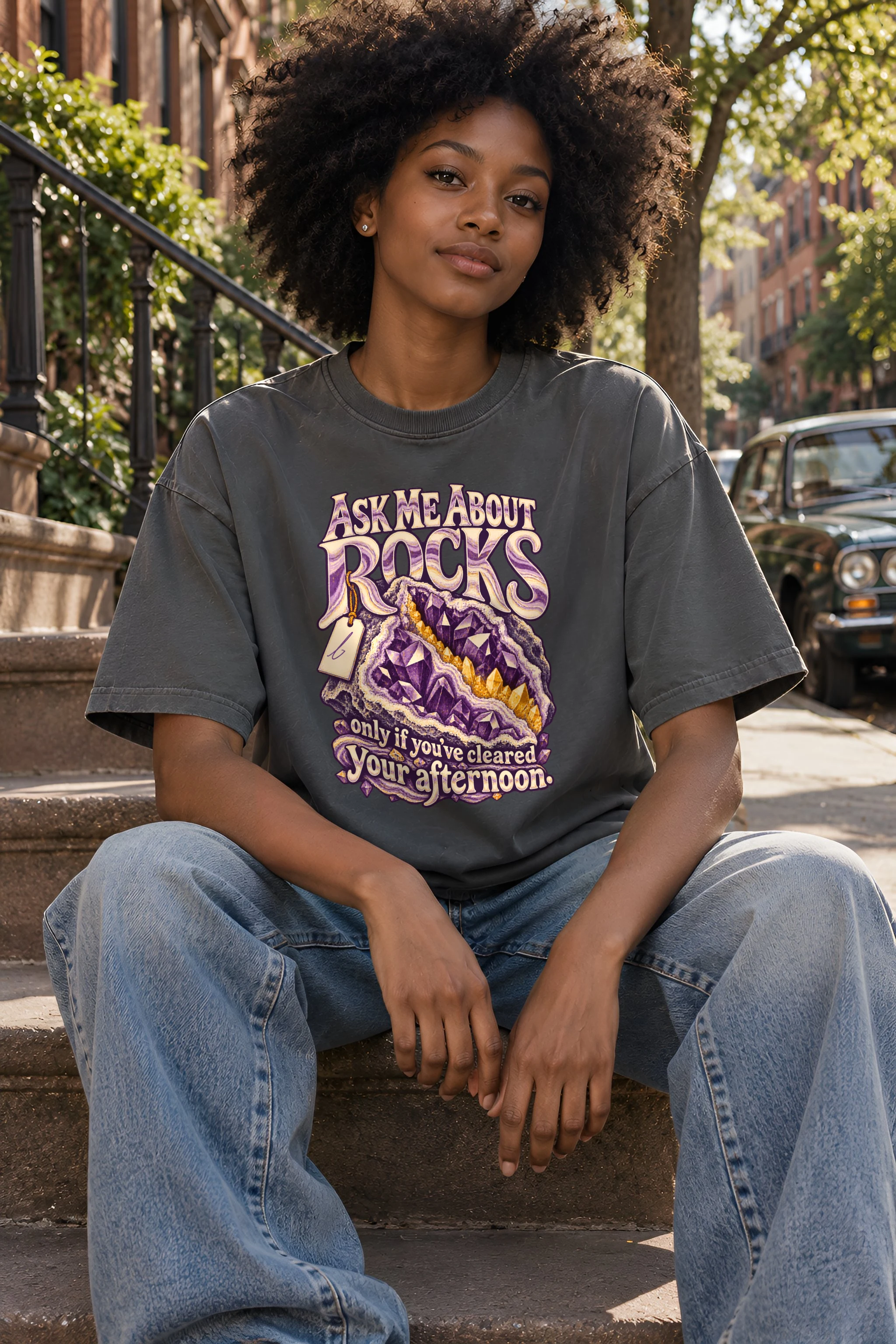 "Ask Me About Rocks" Unisex Oversized Heavyweight Crewneck T-Shirt