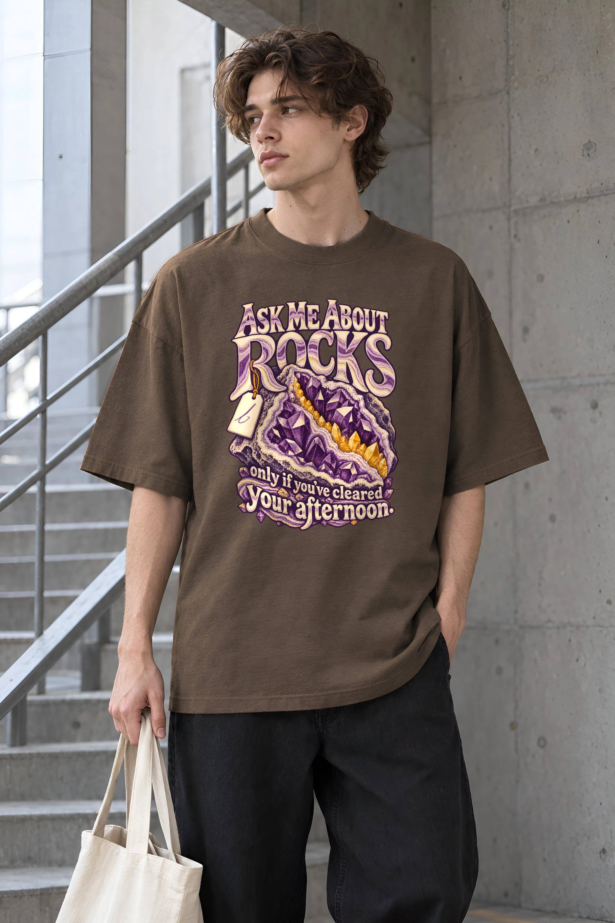 "Ask Me About Rocks" Unisex Oversized Heavyweight Crewneck T-Shirt