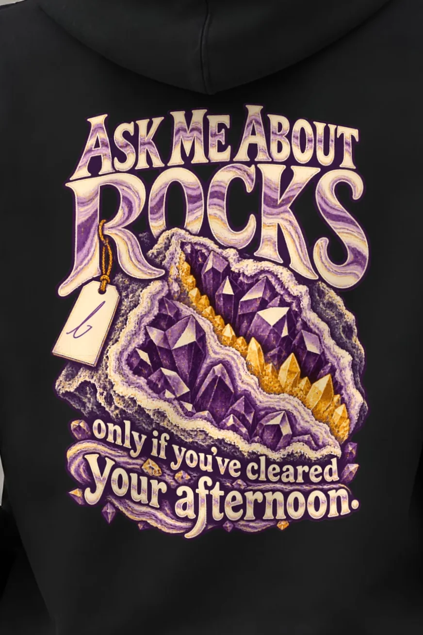 "Ask Me About Rocks" Unisex Pullover Hoodie - the graphic up close