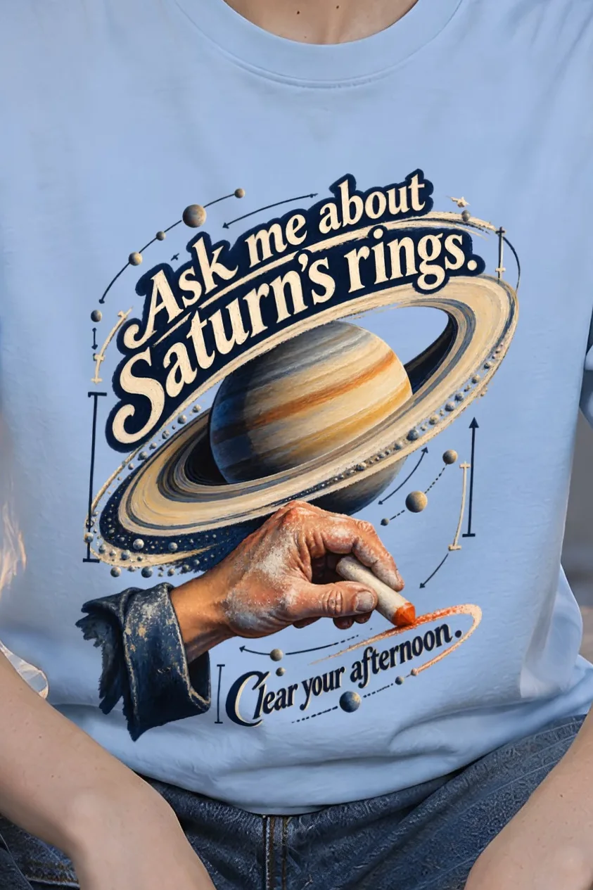 "Ask Me About Saturn’s Rings" Heavyweight Unisex Crewneck T-shirt - the graphic up close
