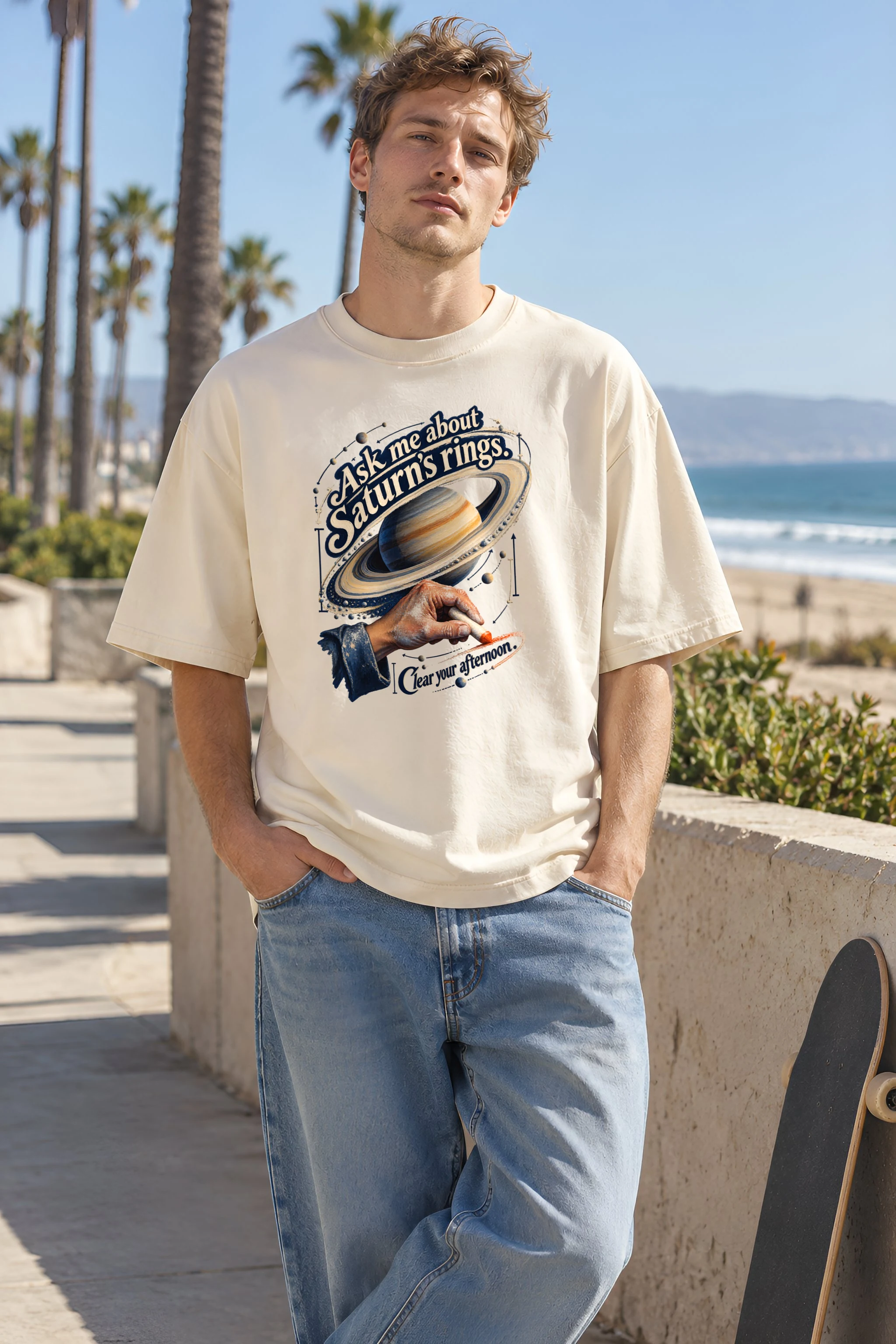 "Ask Me About Saturn's Rings" Unisex Oversized Heavyweight Crewneck T-Shirt