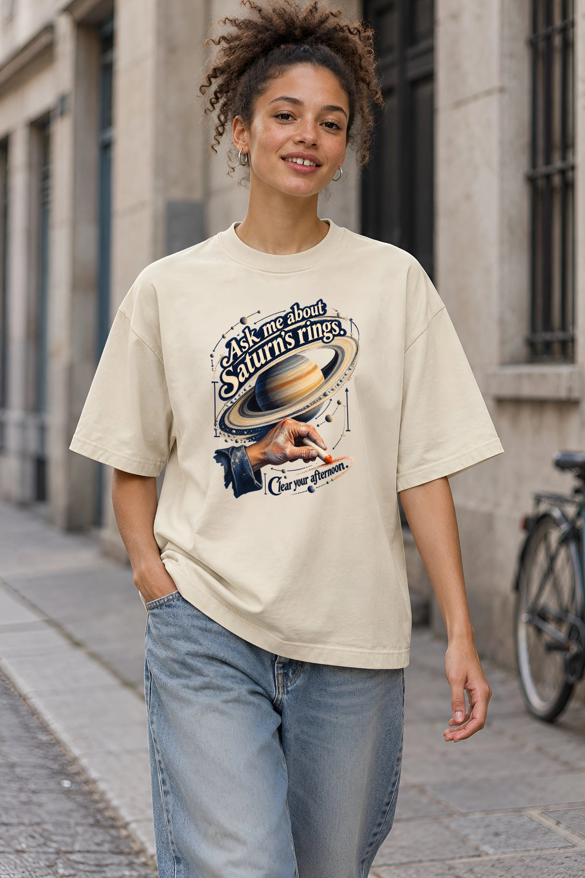 "Ask Me About Saturn's Rings" Unisex Oversized Heavyweight Crewneck T-Shirt