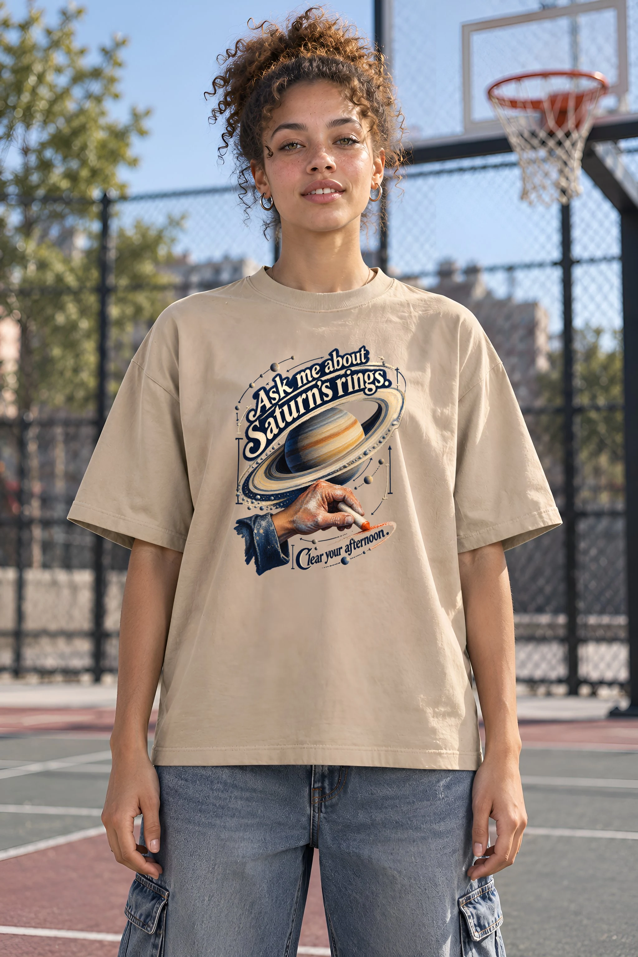 "Ask Me About Saturn's Rings" Unisex Oversized Heavyweight Crewneck T-Shirt