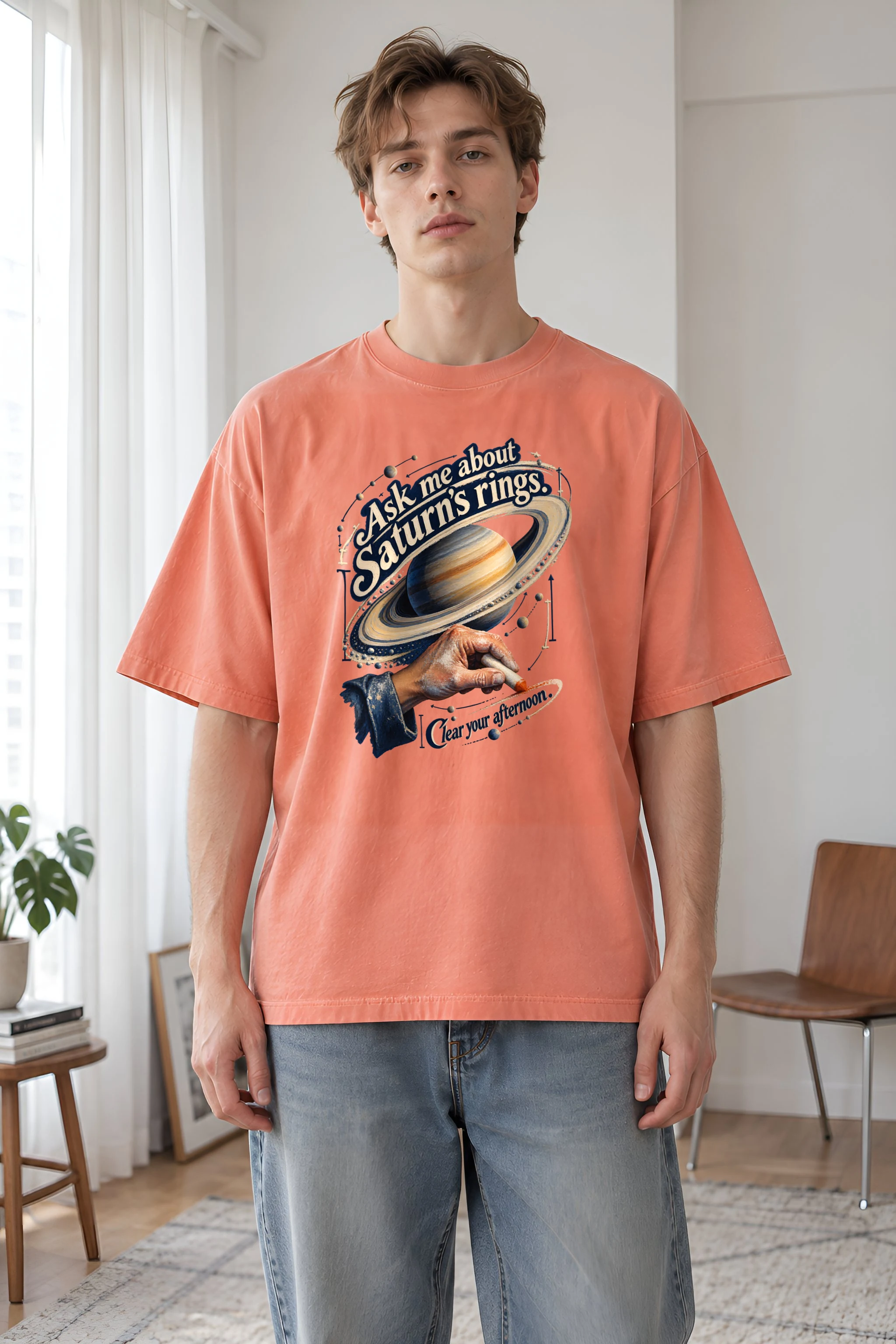 "Ask Me About Saturn's Rings" Unisex Oversized Heavyweight Crewneck T-Shirt