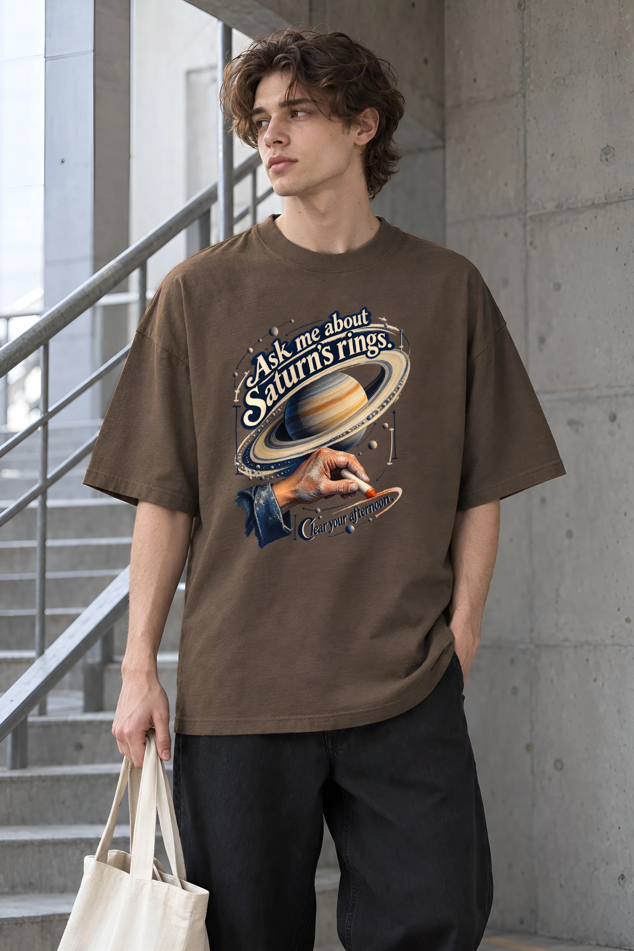 "Ask Me About Saturn's Rings" Unisex Oversized Heavyweight Crewneck T-Shirt