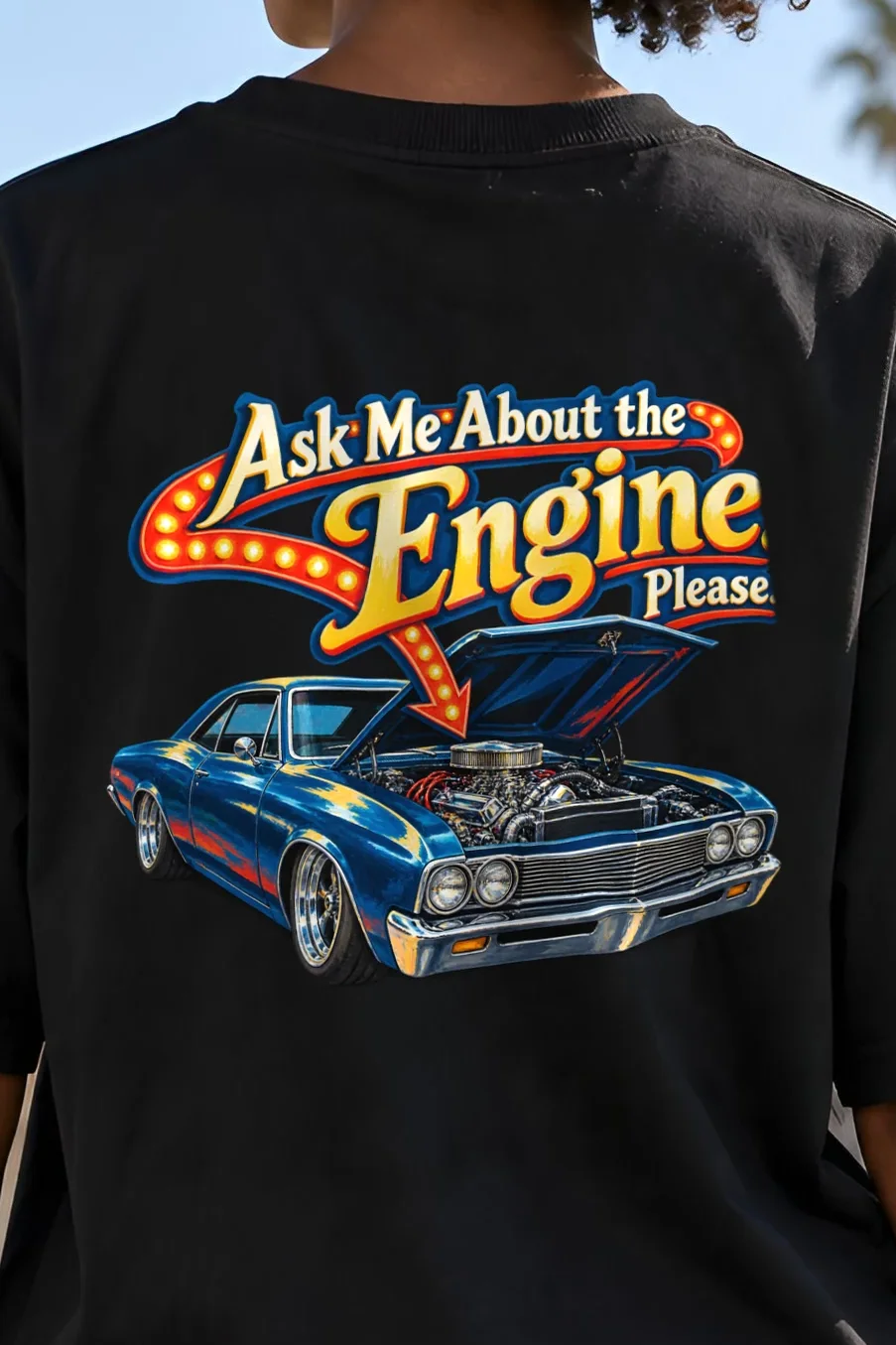 "Ask Me About the Engine" Unisex Oversized Heavyweight Crewneck T-Shirt - the graphic up close