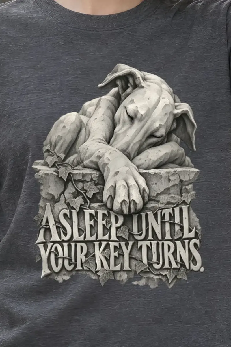 "Asleep Until Your Key Turns" Heavyweight Unisex Crewneck T-shirt - the graphic up close
