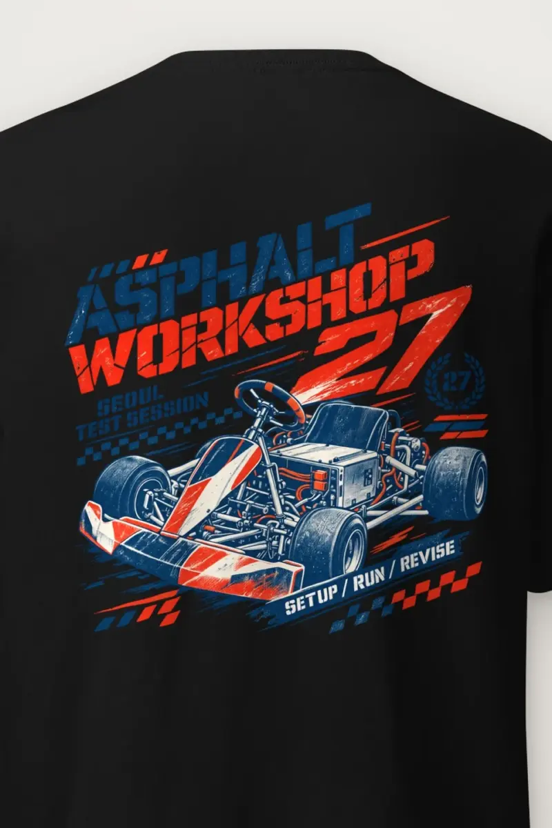 "Asphalt Workshop 27" Heavyweight Unisex Crewneck T-shirt - the graphic up close