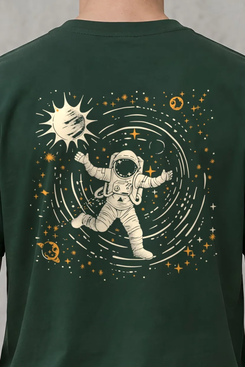 "Astronaut Star Cache" Heavyweight Unisex Crewneck T-shirt - the graphic up close