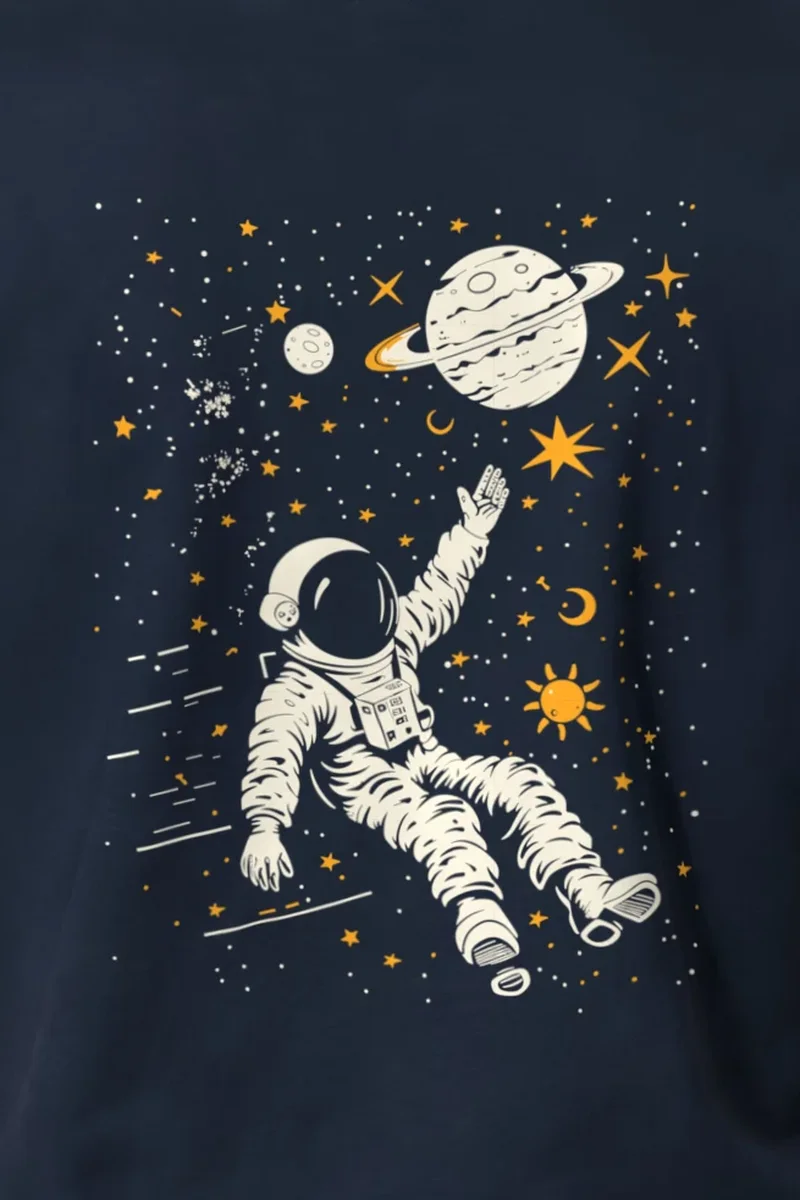"Astronaut Star Drift" Heavyweight Unisex Crewneck T-shirt - the graphic up close