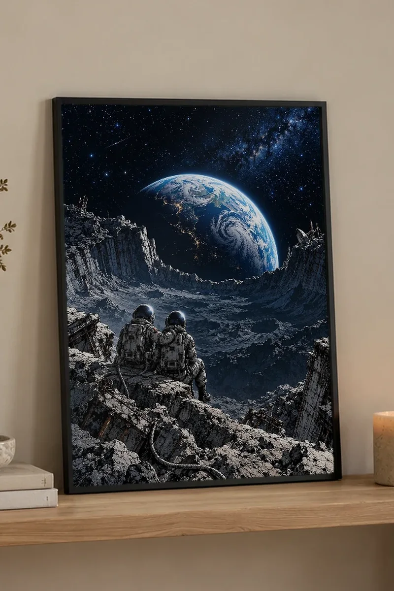 "Astronauts Watching Earth" Premium Wooden Framed Poster - the graphic up close