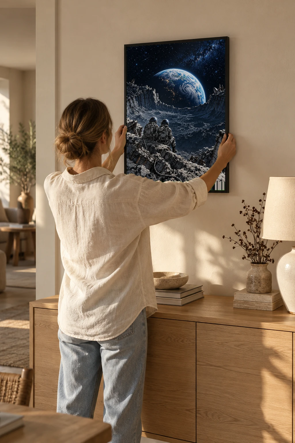 "Astronauts Watching Earth" Premium Wooden Framed Poster