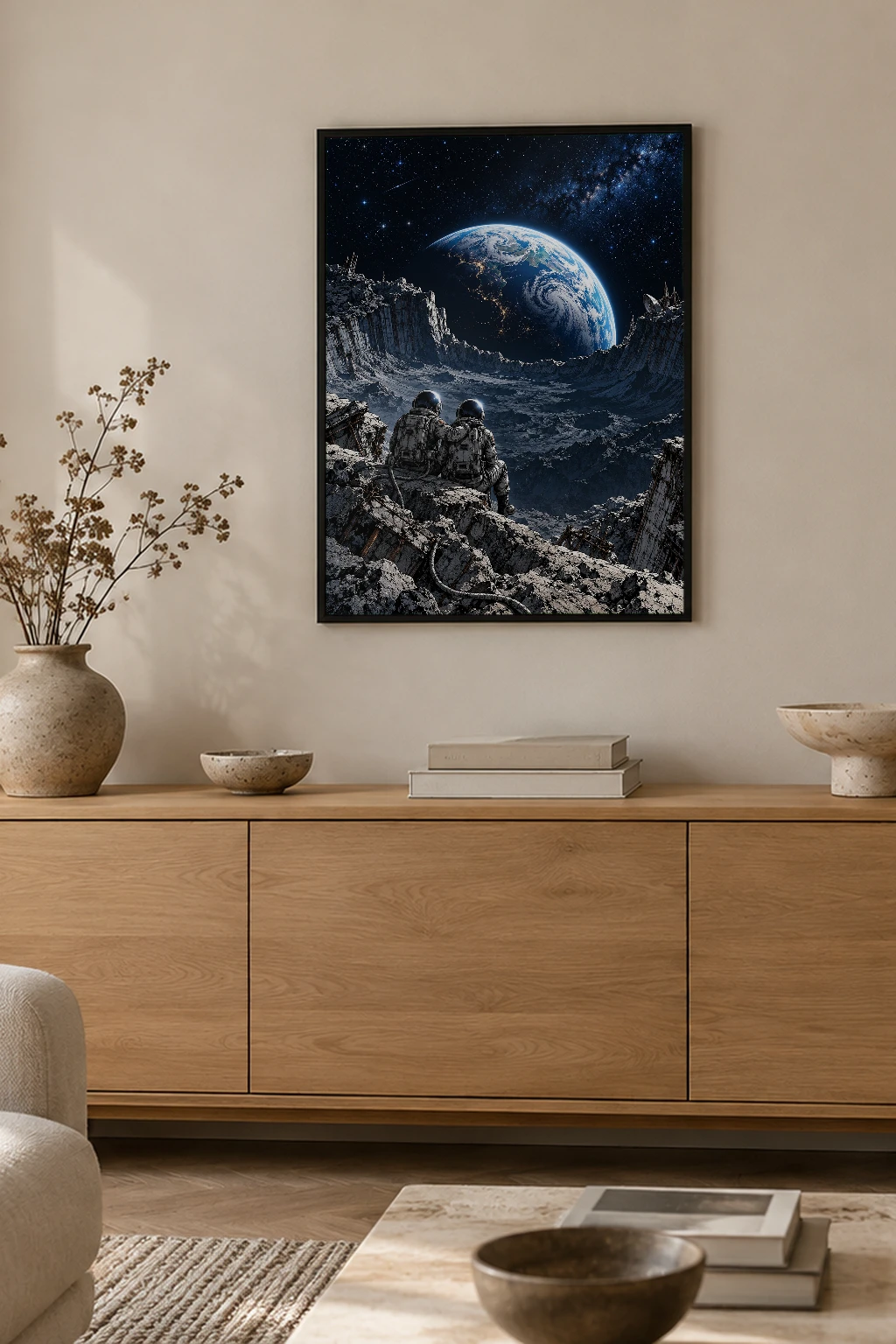 "Astronauts Watching Earth" Premium Wooden Framed Poster
