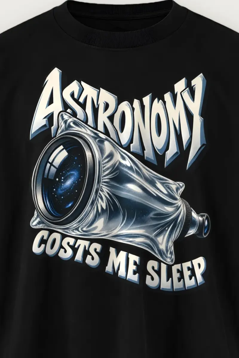 "Astronomy Costs Me Sleep" Men’s Oversized Heavyweight Crewneck T-Shirt - the graphic up close