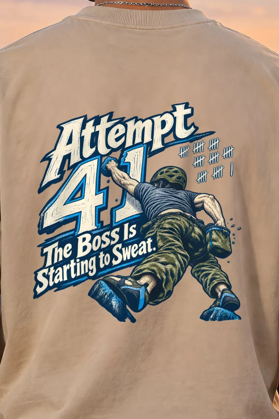 "Attempt 41 Climbing Tee" Unisex Oversized Heavyweight Crewneck T-Shirt - the graphic up close