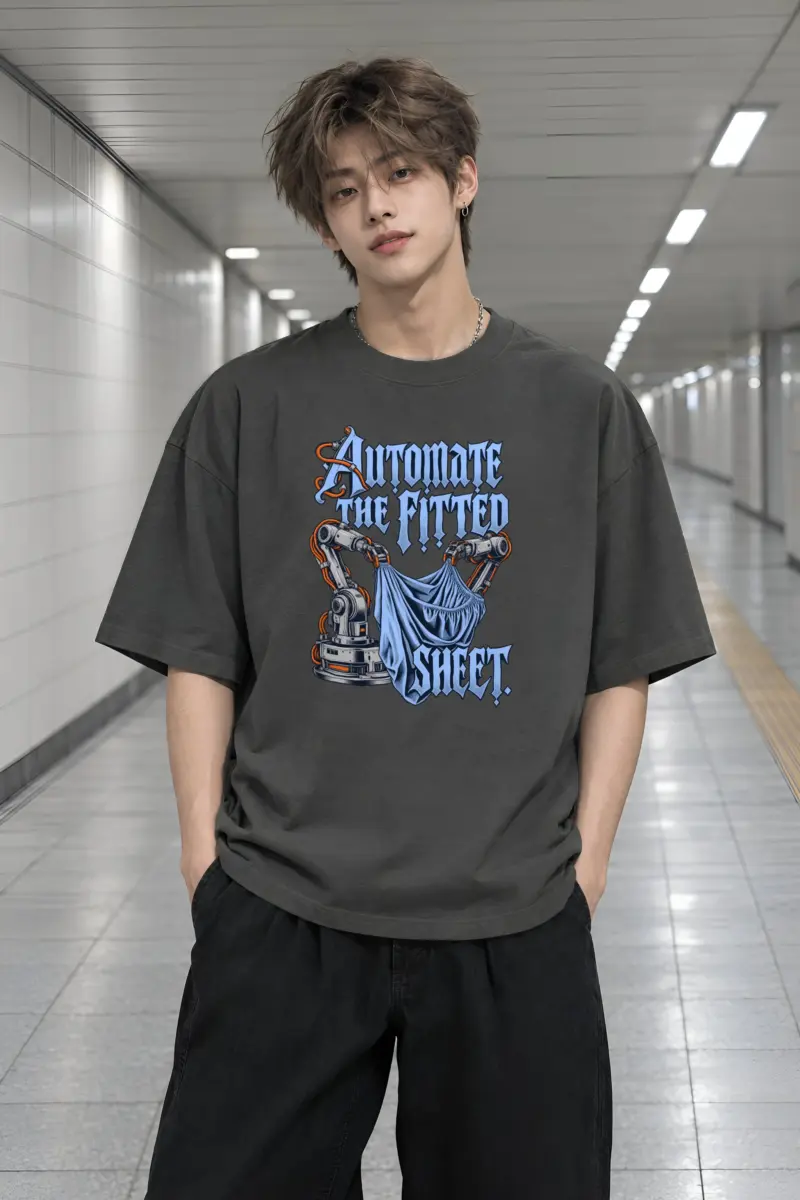 “Automate The Fitted Sheet” Men’s Oversized Heavyweight Crewneck T-Shirt