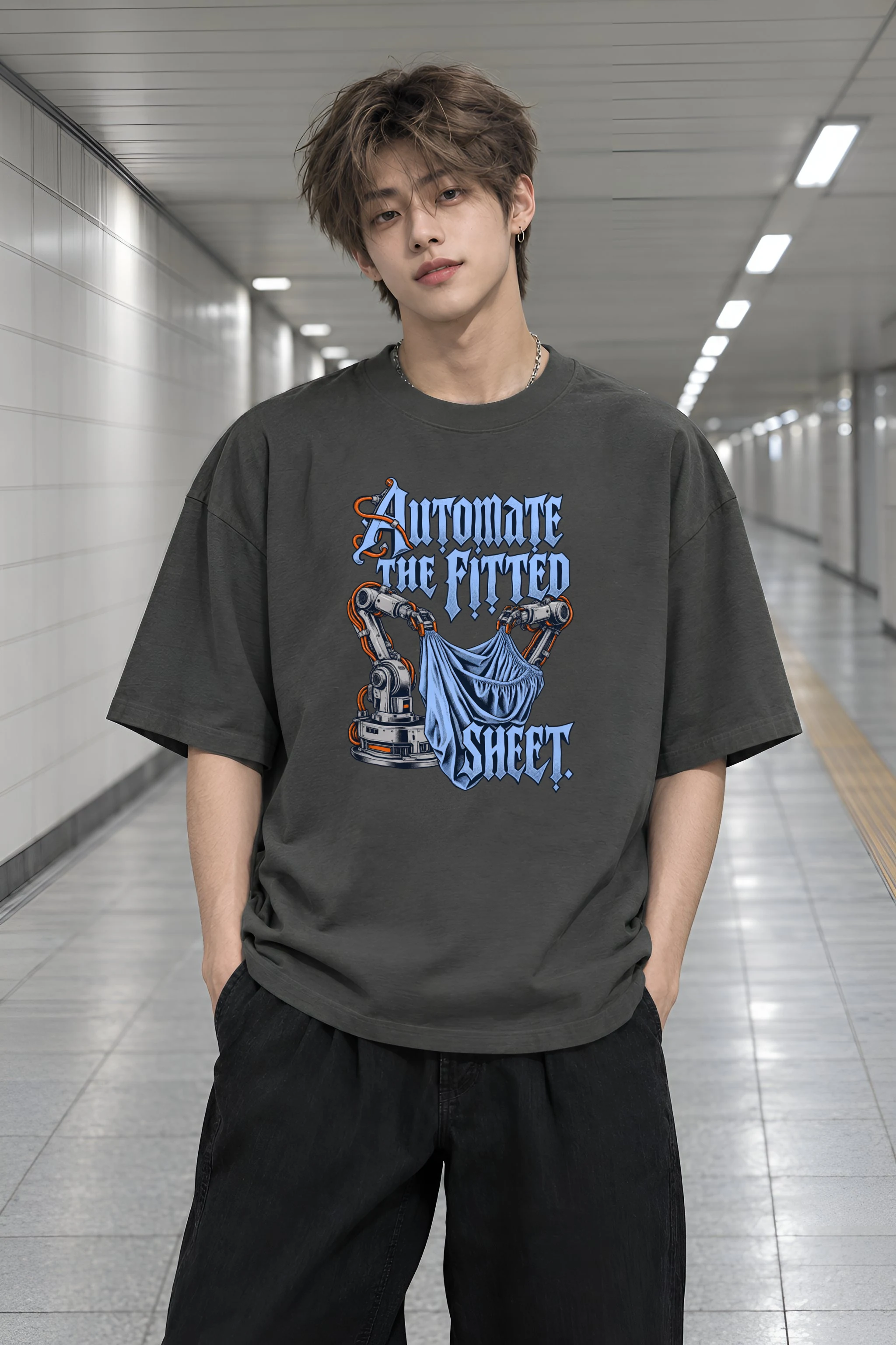 "Automate The Fitted Sheet" Men's Oversized Heavyweight Crewneck T-Shirt