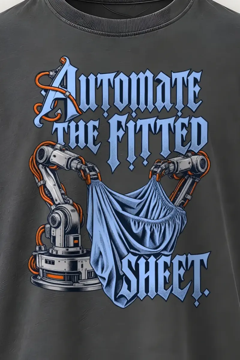 "Automate The Fitted Sheet" Men’s Oversized Heavyweight Crewneck T-Shirt - the graphic up close