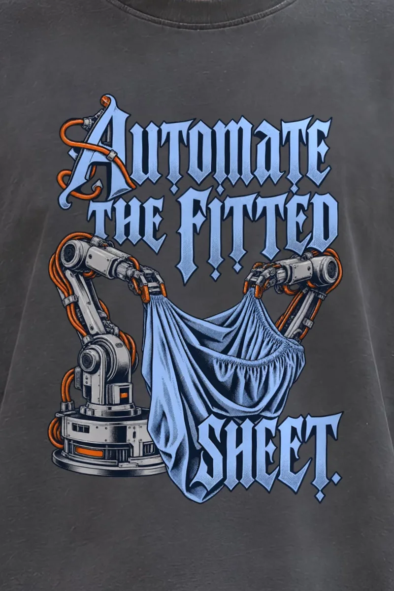 "Automate The Fitted Sheet" Men’s Oversized Heavyweight Crewneck T-Shirt - the graphic up close