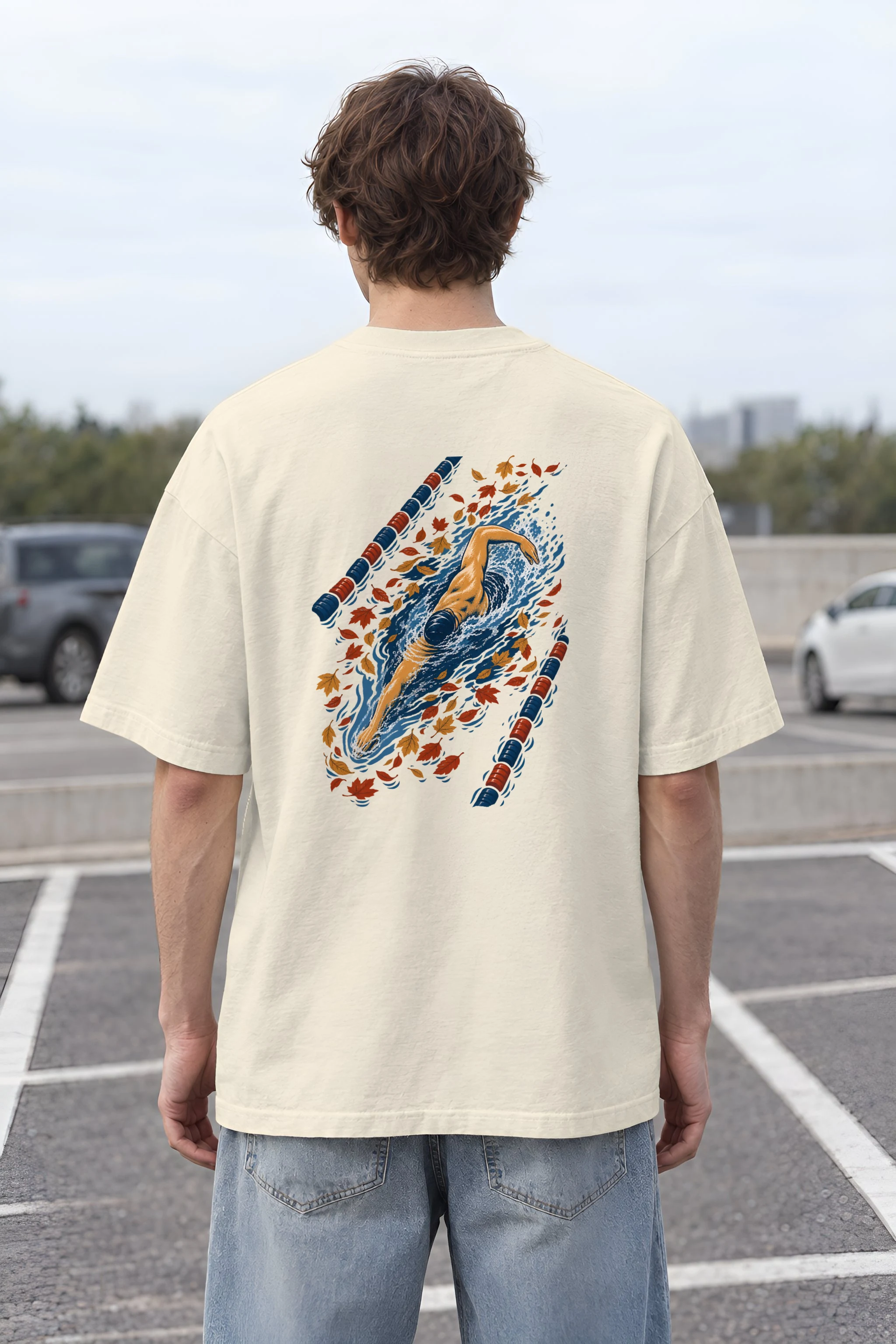"Autumn Leaf Lane Swimmer" Men's Oversized Heavyweight Crewneck T-Shirt
