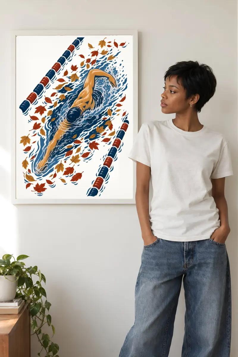 "Autumn Leaves Lap Swimmer" Premium Wooden Framed Poster