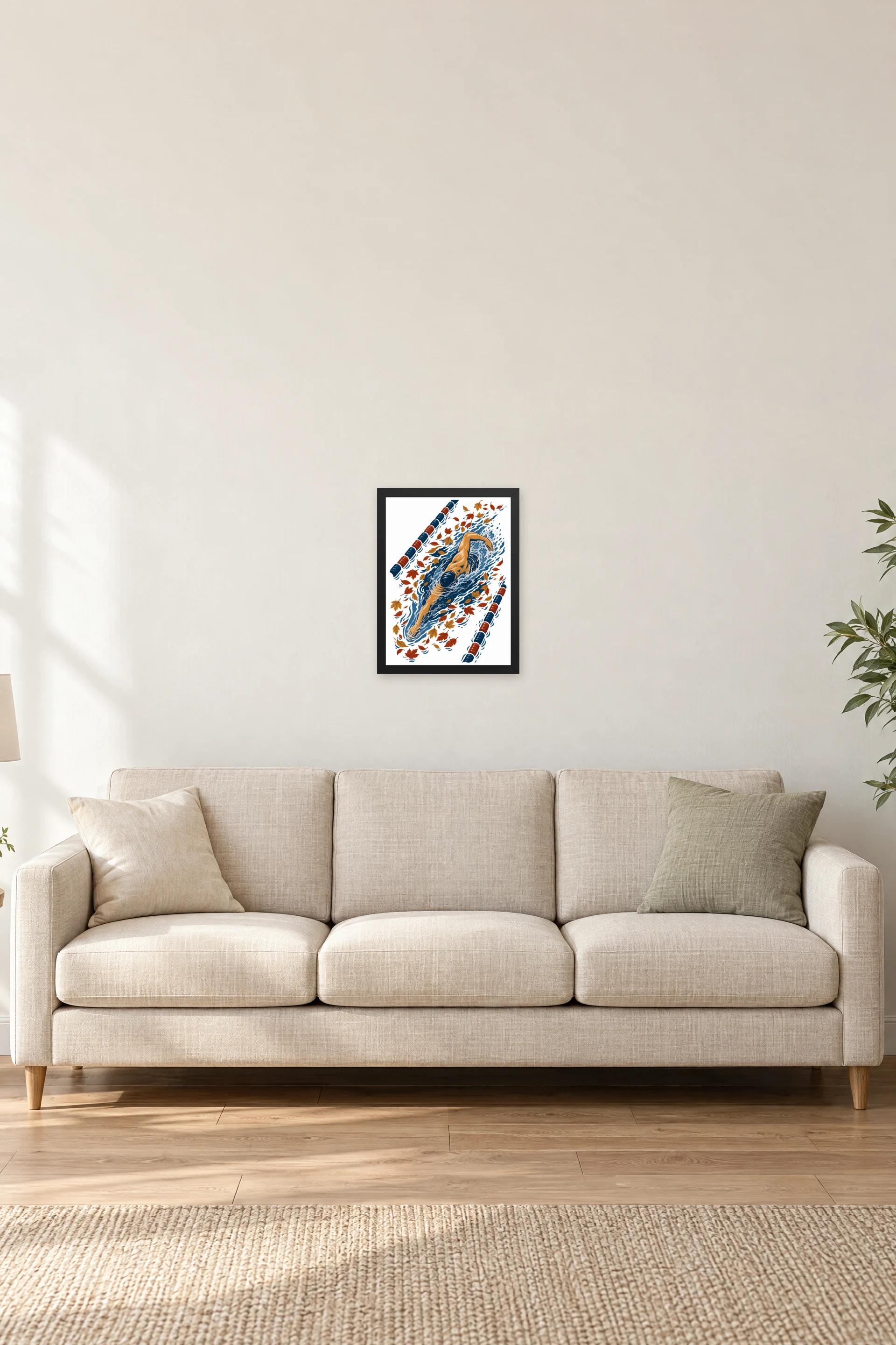 "Autumn Leaves Lap Swimmer" Premium Wooden Framed Poster — Black frame, 12 × 16 in