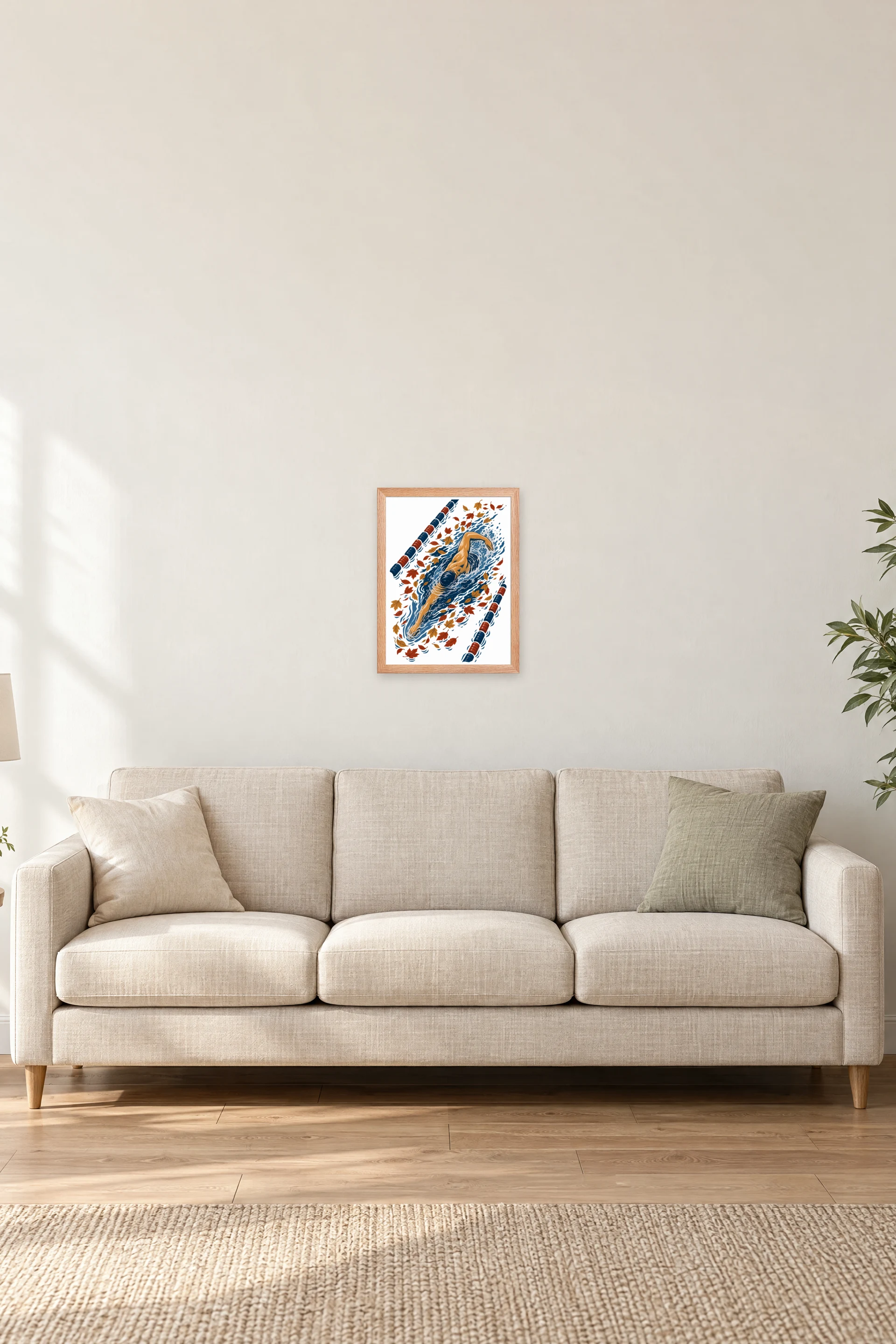"Autumn Leaves Lap Swimmer" Premium Wooden Framed Poster — Natural Wood frame, 12 × 16 in
