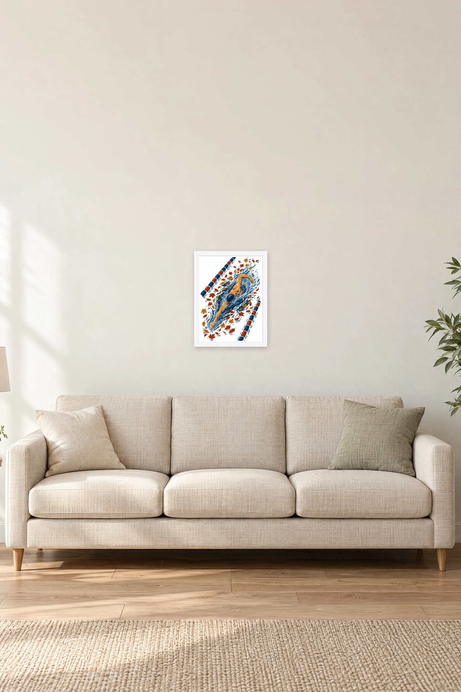 "Autumn Leaves Lap Swimmer" Premium Wooden Framed Poster — White frame, 12 × 16 in
