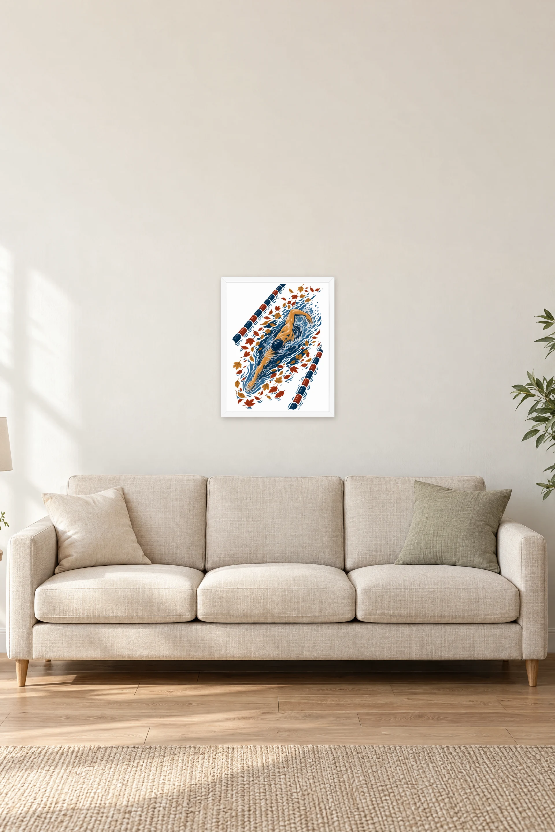 "Autumn Leaves Lap Swimmer" Premium Wooden Framed Poster — White frame, 16 × 20 in