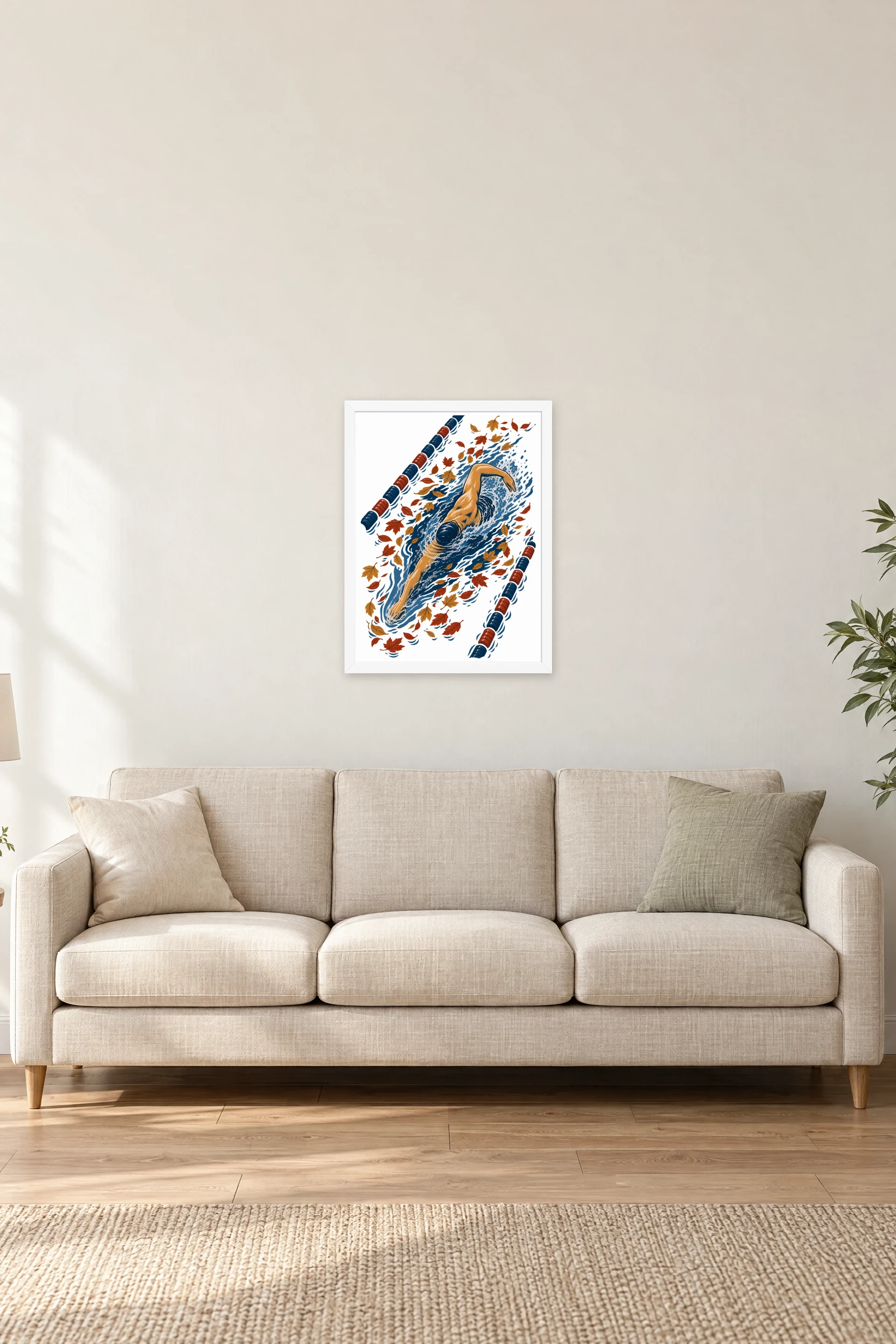 "Autumn Leaves Lap Swimmer" Premium Wooden Framed Poster — White frame, 18 × 24 in