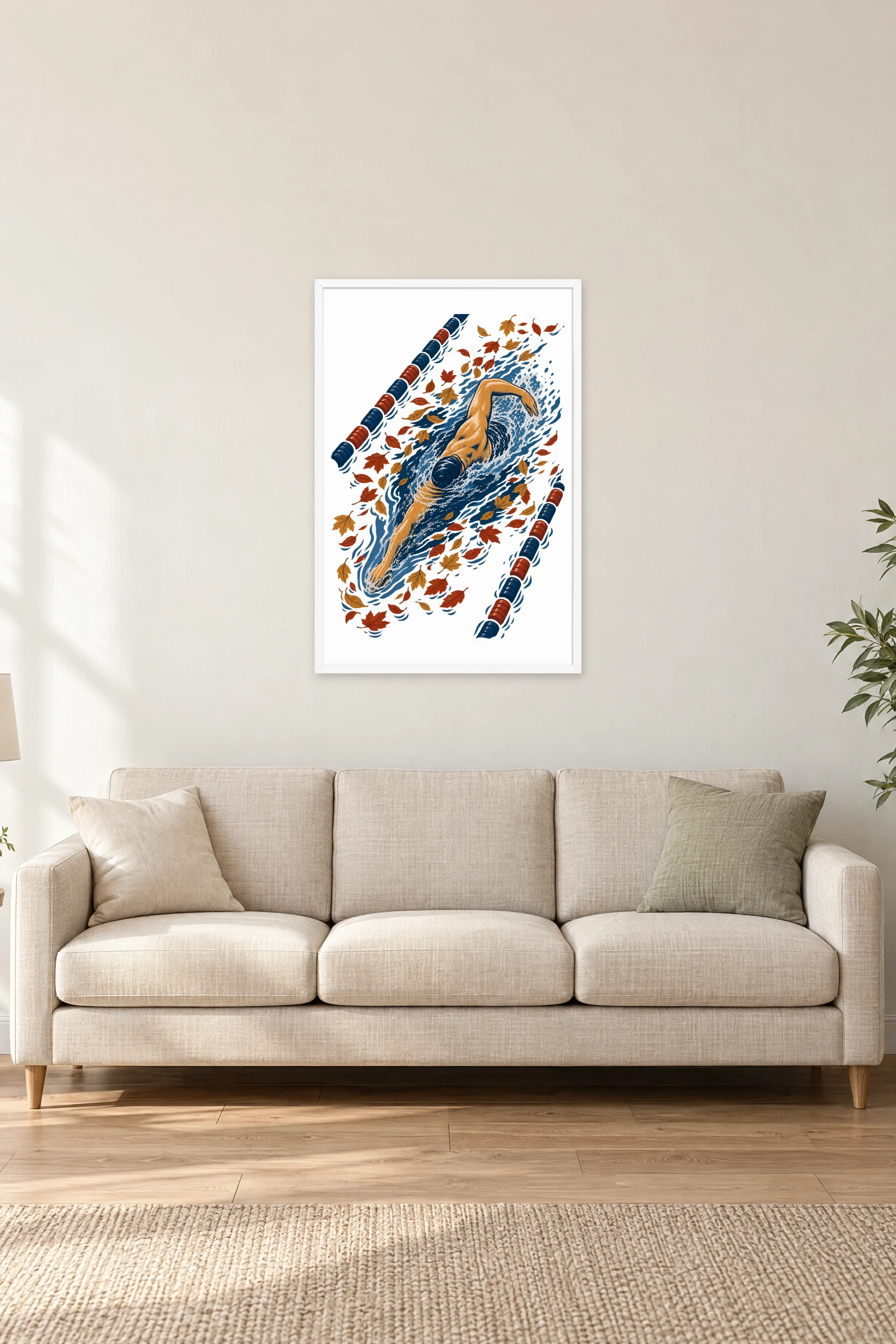 "Autumn Leaves Lap Swimmer" Premium Wooden Framed Poster — White frame, 24 × 36 in