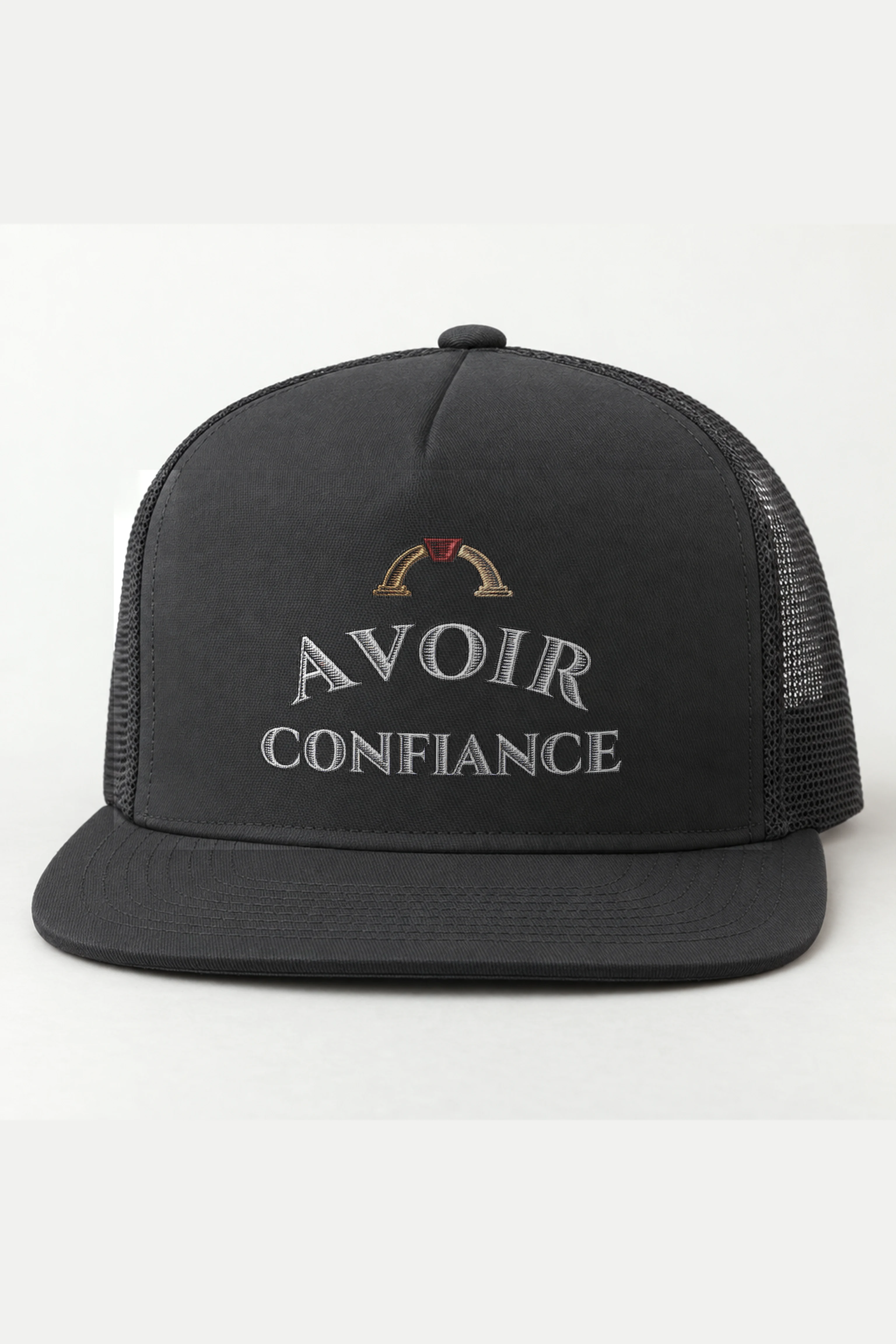 "AVOIR CONFIANCE" 5 Panel Trucker Cap · Embroidered